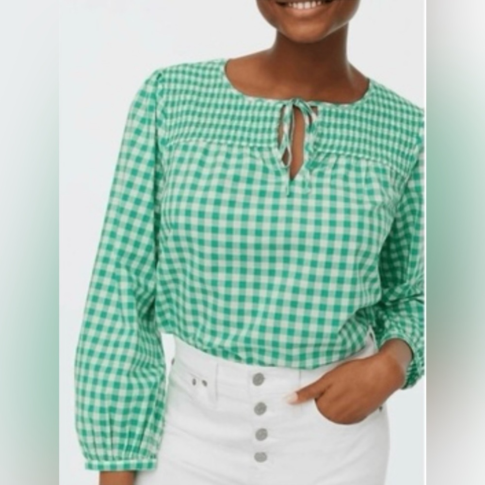J. Crew green gingham white tie-neck smocked top small blouse preppy shirt